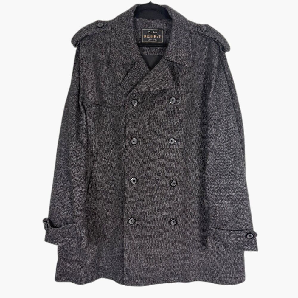 Jos A Bank Reserve Wool Peacoat XXL Gray Herringbone Double Breasted Coat